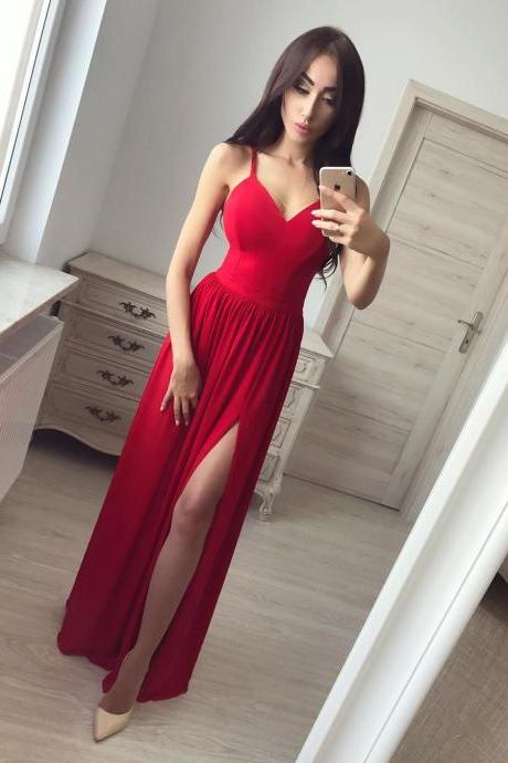 Sexy V Neck Long Maxi Party Dress Red, V Back Formal Evening Gown With High Slit