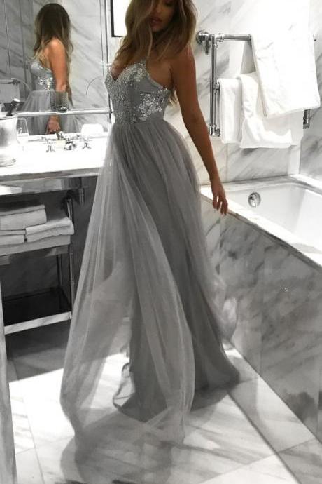 2018 New V Neck Prom Dress Grey,Tulle Long Formal Evening Gown With Sequined Bodice
