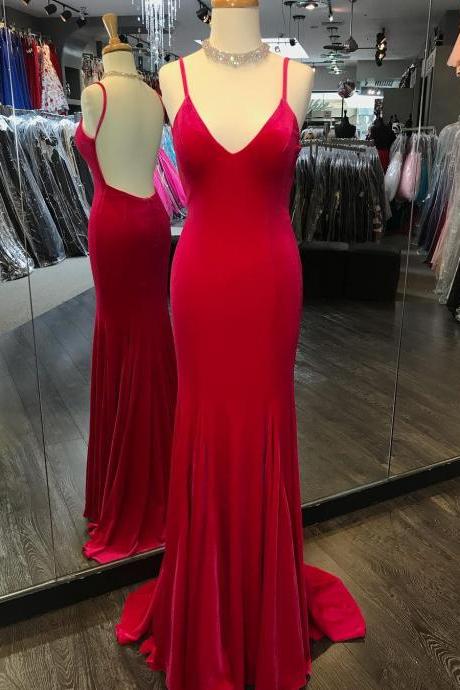 Sexy V Neck Fitted Formal Evening Gown Red, Backless Long Party Dress With Spaghetti Straps