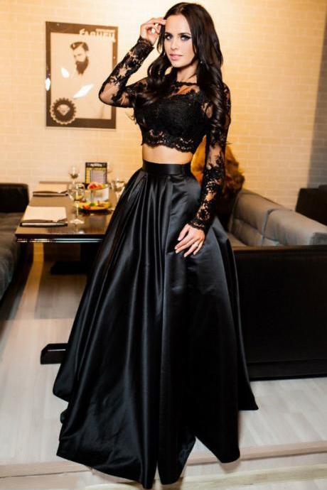 Gorgeous Two Piece Long Prom Dress Black, Long Sleeves Formal Evening Gown With Lace Appliques
