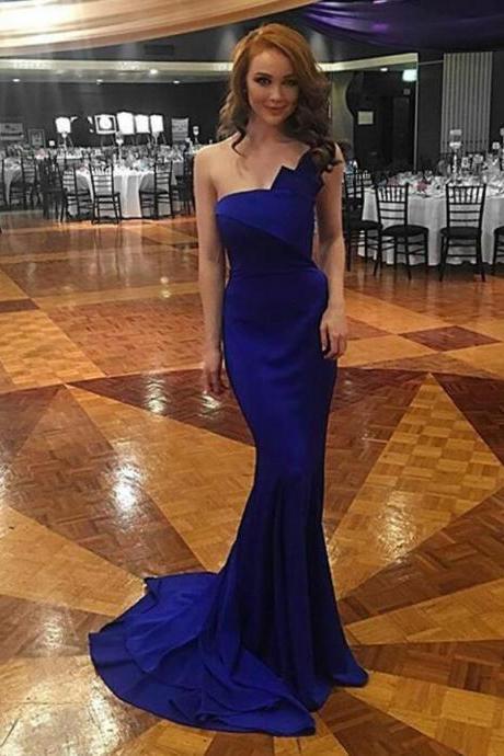 Elegant One Shoulder Mermaid Formal Evening Gown Royal Blue, Prom Dress With Sweep Train