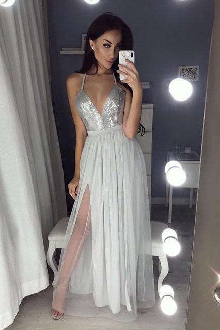 Sexy Deep V Neck Long Maxi Dress Silver , Open Back Formal Gown With Cross Spaghetti Straps Back