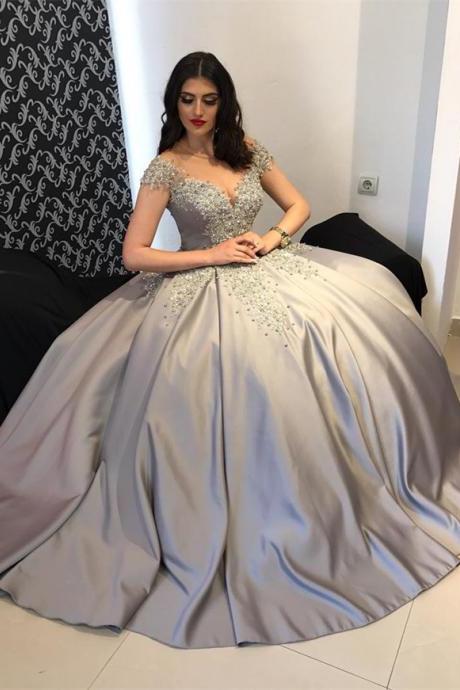 Cap Sleeve Ball Gown Prom Dress Silver, Off The Shoulder Wedding Party Dress With Beading