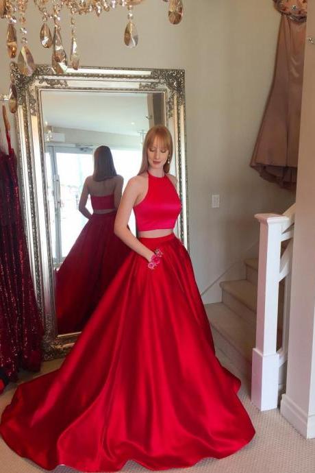 Sleeveless Red Prom Dress Two Piece, Halter A Line Formal Evening Gown For Senior prom