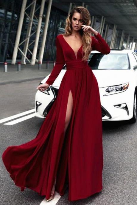 Wine Red Plunging V Neck Formal Evening Gown Long Sleeve, Jersey Prom Dress With High Slit