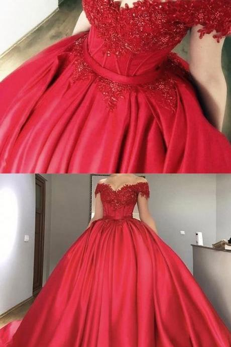 Red Off The Shoulder Ball Gown Wedding Party Dress, Cap Sleeve Formal Prom Gown Lace Appliques