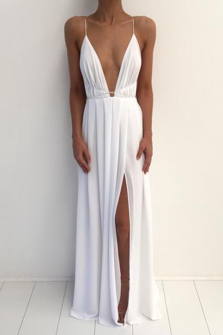 Sexy Deep V Neck Maxi Dress Long White ,Formal Gown,Backless Party Dress With Spaghetti Strap