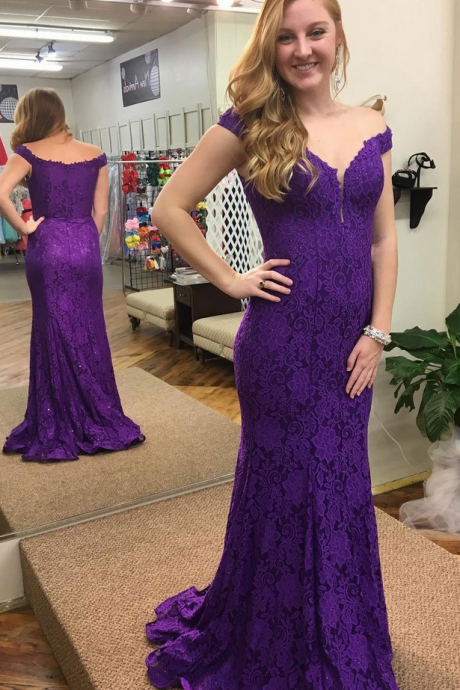 Off The Shoulder Prom Dress Lace,Purple Mermaid Formal Evening Gown Sweep Train