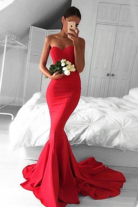 Elegant Mermaid Formal Evening Gown Sweetheart Wedding Party Dress Red Sweep Train