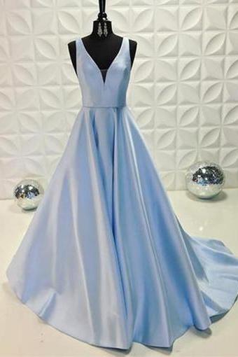 Gorgeous Plunging V Neck Formal Evening Gown,A Line Prom Dress With Sweep Train