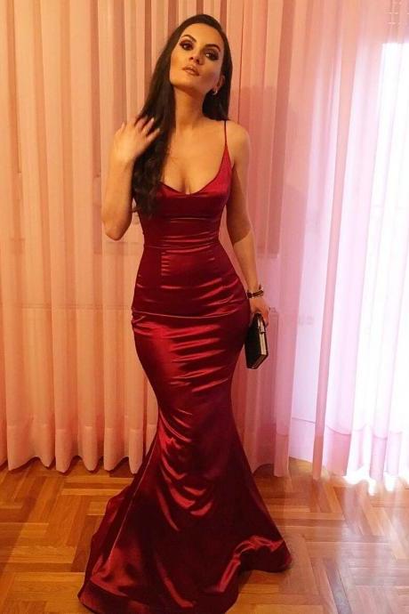 Sexy Burgundy Mermaid Formal Evening Gown,prom Dress Party Dress With Spaghetti Straps