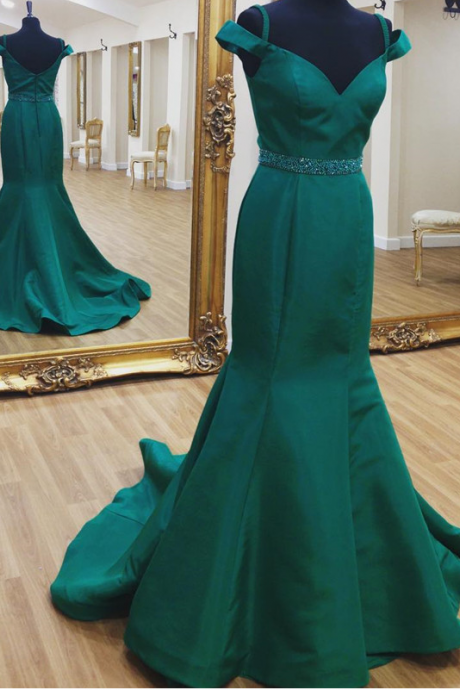 Gorgeous Off The Shoulder Mermaid Prom Dress Teal, Formal Evening Gown With Beaded Waist