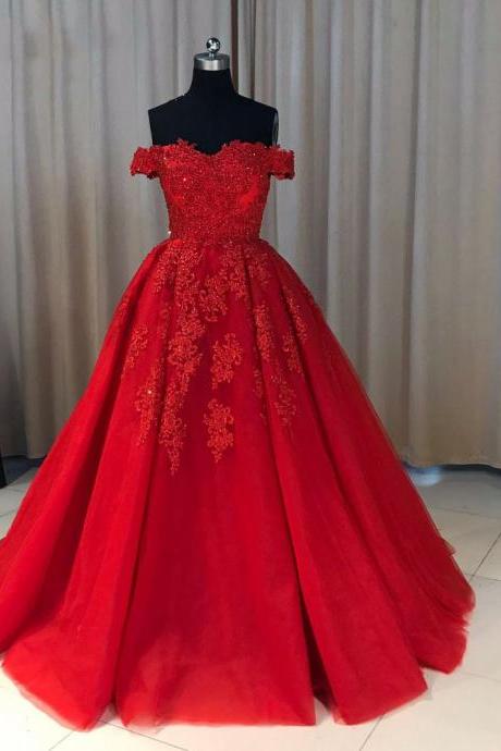 Red Princess Off The Shoulder Prom Dress Ball Gown Wedding Party Dress With Lace Appliques