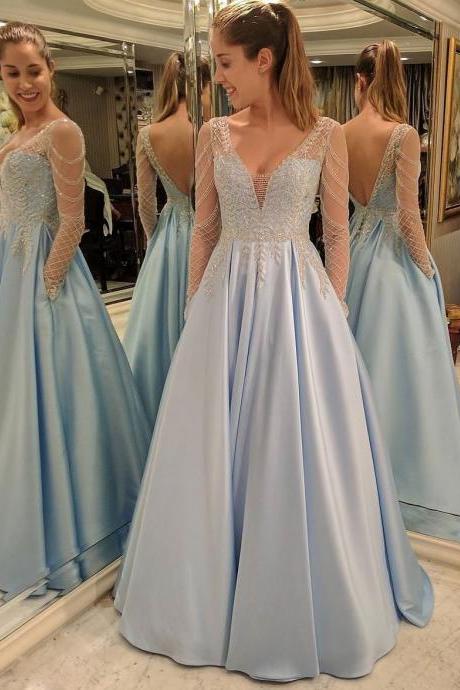 Beaded V Neck Prom Dress Light Blue A Line Formal Evening Gown Sheer Long Sleeve Open Back