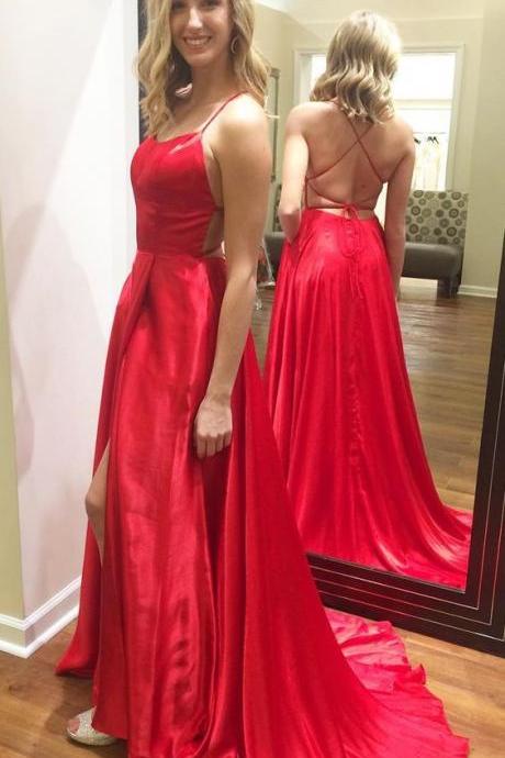 Red Halter Prom Dress Backless Formal Evening Gown,Party Dress Long With Spaghetti Straps