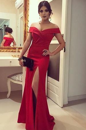 2018 Elegant Red Fit And Flare Prom Dress Off The Shoulder Formal Evening Gown With Side Slit