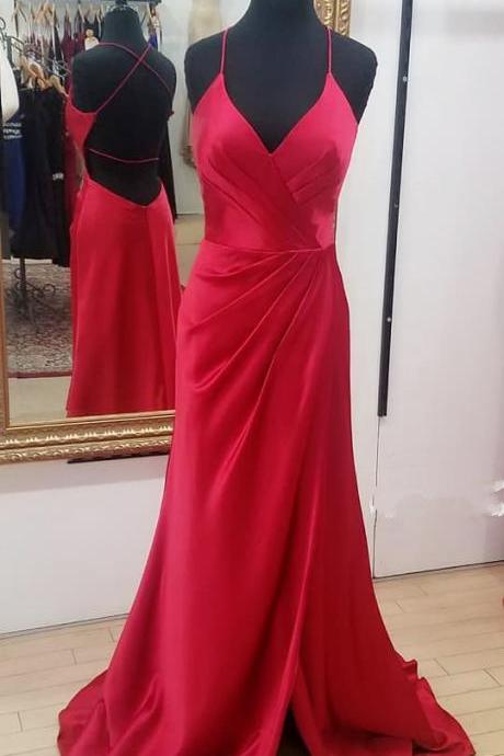 Fit And Flare Red V Neck Formal Evening Gown Open Back Prom Dress With Slit Skirt
