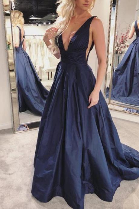 Sexy Deep V Neck Formal Evening Gown Sleeveless Navy Blue A Line Prom Dress With Open Back