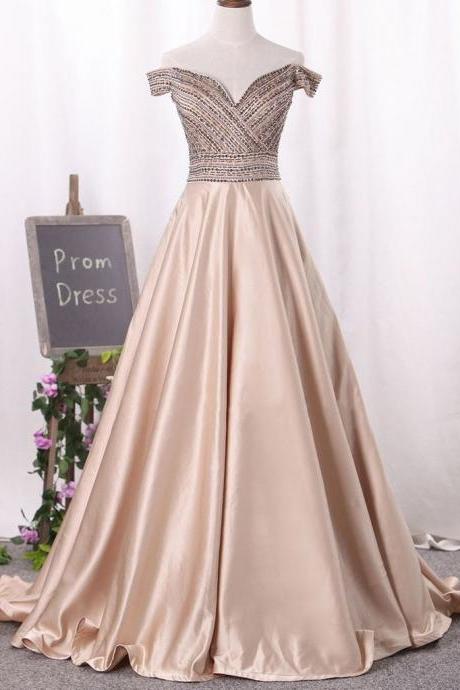 Arrival Beaded Champagne Prom Dress A Line Formal Evening Gown Off The Shoulder