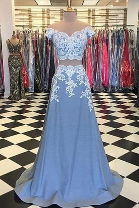 Dusty Blue Prom Dress Two Piece A Line Cap Sleeve Formal Evening Gown With Lace Appliques