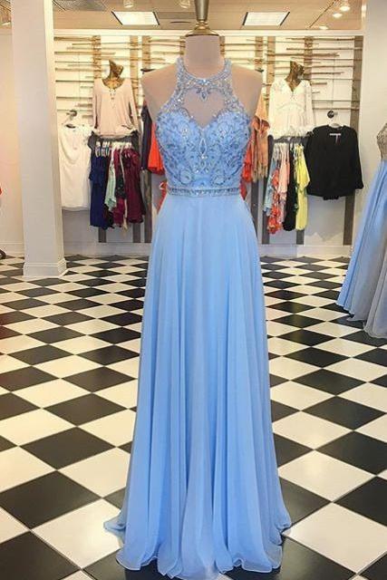 Beaded Sleeveless Prom Dress Light Blue Chiffon Formal Evening Gown With Cut Out Shoulder