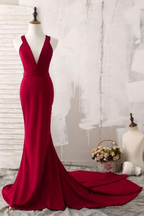 Dark Red Sexy V Neck Prom Dress Sleeveless Mermaid Formal Evening With Cross Open Back 
