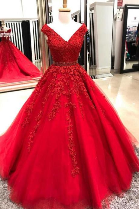Princess V Neck Ball Gown Prom Dress Cap Sleeve Wedding Party Dress With Lace Appliques