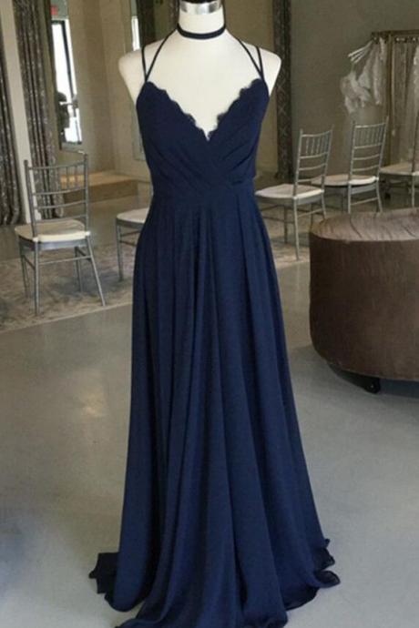 Navy Blue V Neck Chiffon Bridesmaid Dress Floor Length Party Dress With Ruched Bodice
