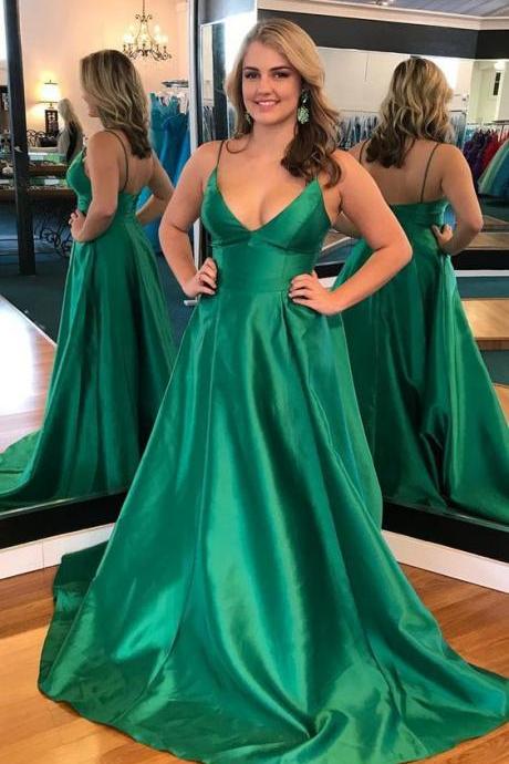New Arrivals V Neck Formal Evening Gown Green A Line Prom Dress With Spaghetti Straps