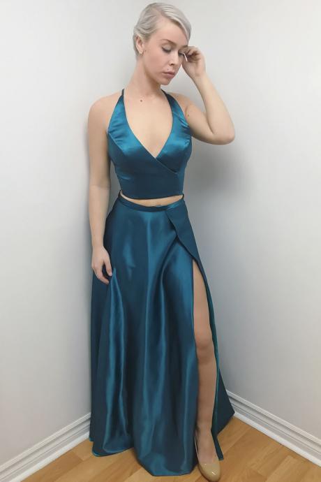 Sexy V Neck Two Piece Party Dress Teal Long Formal Evening Gown With High Slit