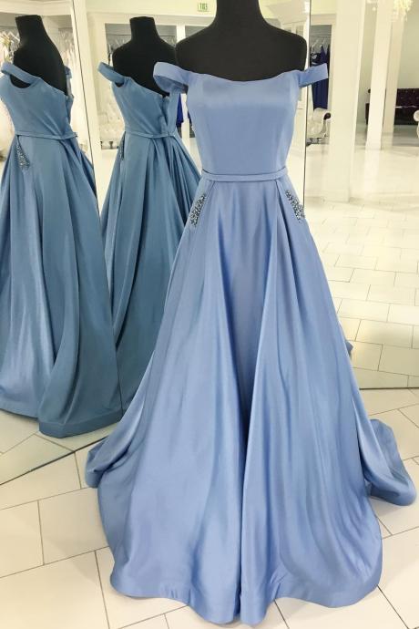 Princess Light Blue Prom Dress Off The Shoulder Formal Evening Gown With Two Pockets