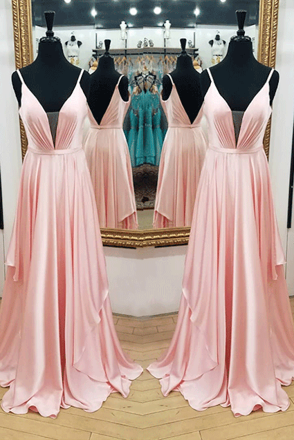 Plunging V Neck Bridesmaid Dress Blush Pink Long Formal Evening Gown With Open Back
