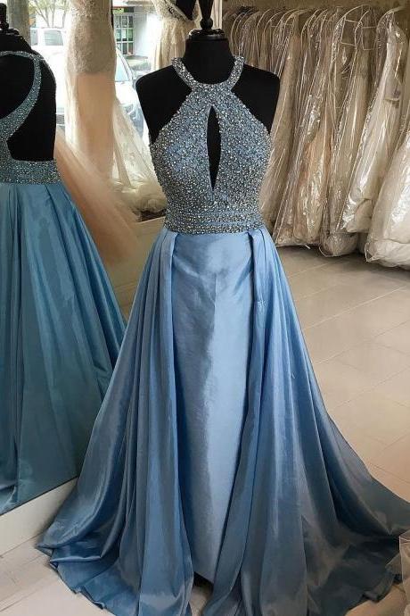 New Arrivals Halter Taffeta Prom Dress A Line Open Back Formal Evening Gown With Beaded Bodice