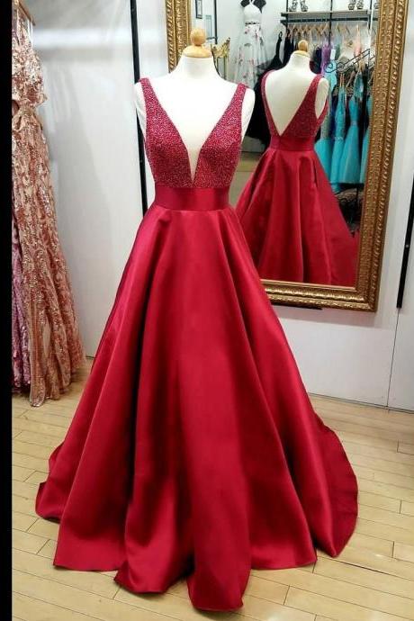 Beaded Red V Neck Prom Dress Sleeveless A Line Formal Gown Wedding Party Dress Open Back
