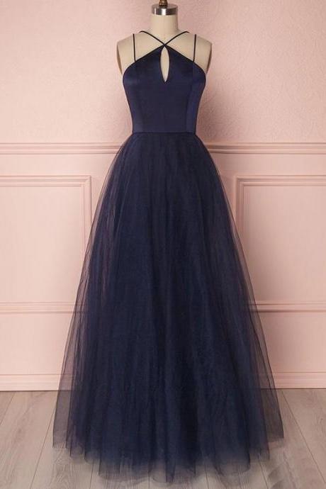 Halter Formal Dresses For Women Evening A Line Tulle Long Party Dress With Cut Out Bodice