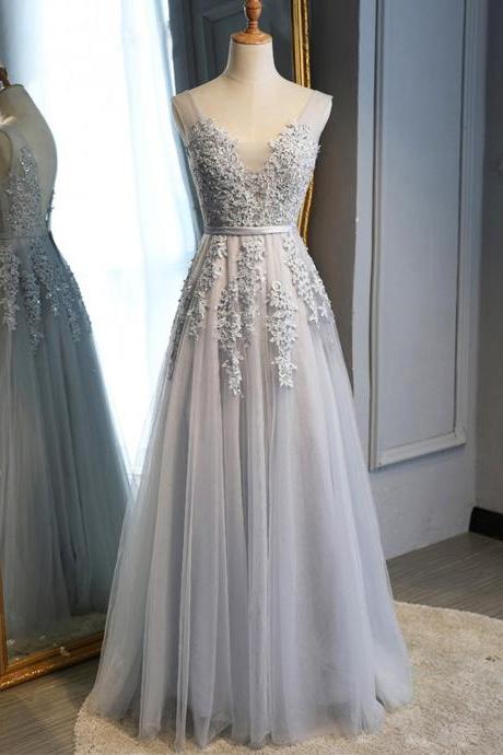 Designer Silver Grey Tulle Lace Applique V-Neck A-Line Prom Dress, Formal Gown, Party Dresses
