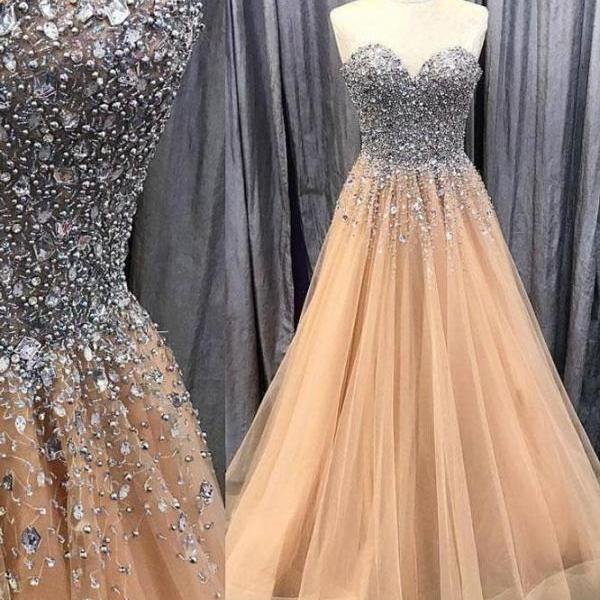 Free Custom Made Prom Dress Sweetheart A Line Champagne Formal Gown With Beaded Bodice
