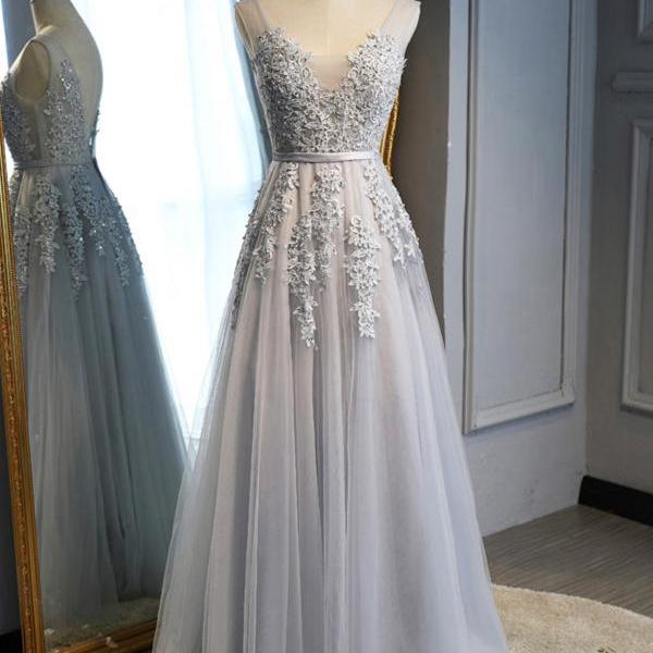 Designer Silver Grey Tulle Lace Applique V-Neck A-Line Prom Dress, Formal Gown, Party Dresses
