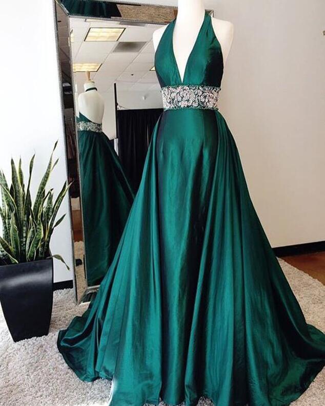 Dark Green Deep V Neck Evening Formal Gown, Open Back Satin Prom Dress ...